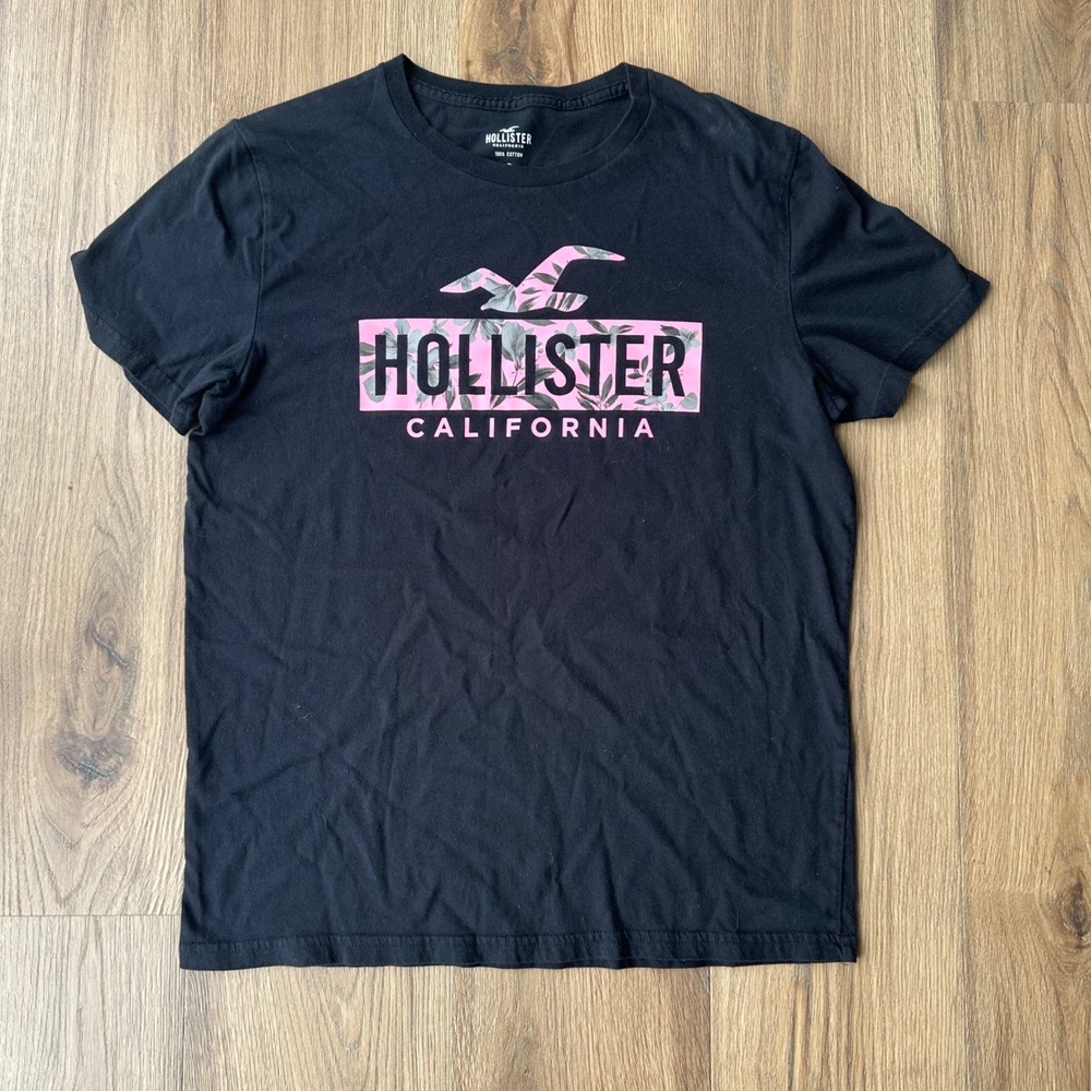 Hollister Mens Black Pink Floral Box Logo Graphic T-Shirt Size M Cotton